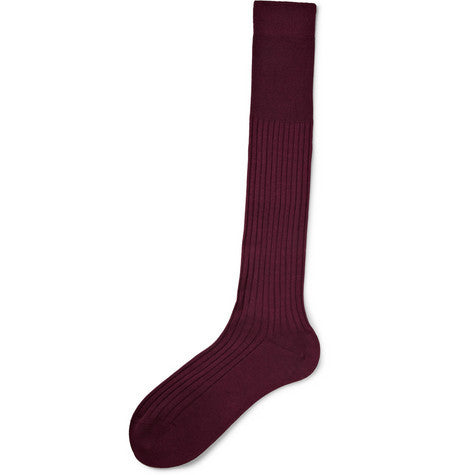 Burgundy Ribbed Knee-Length Cashmere/Silk Bresciani Socks